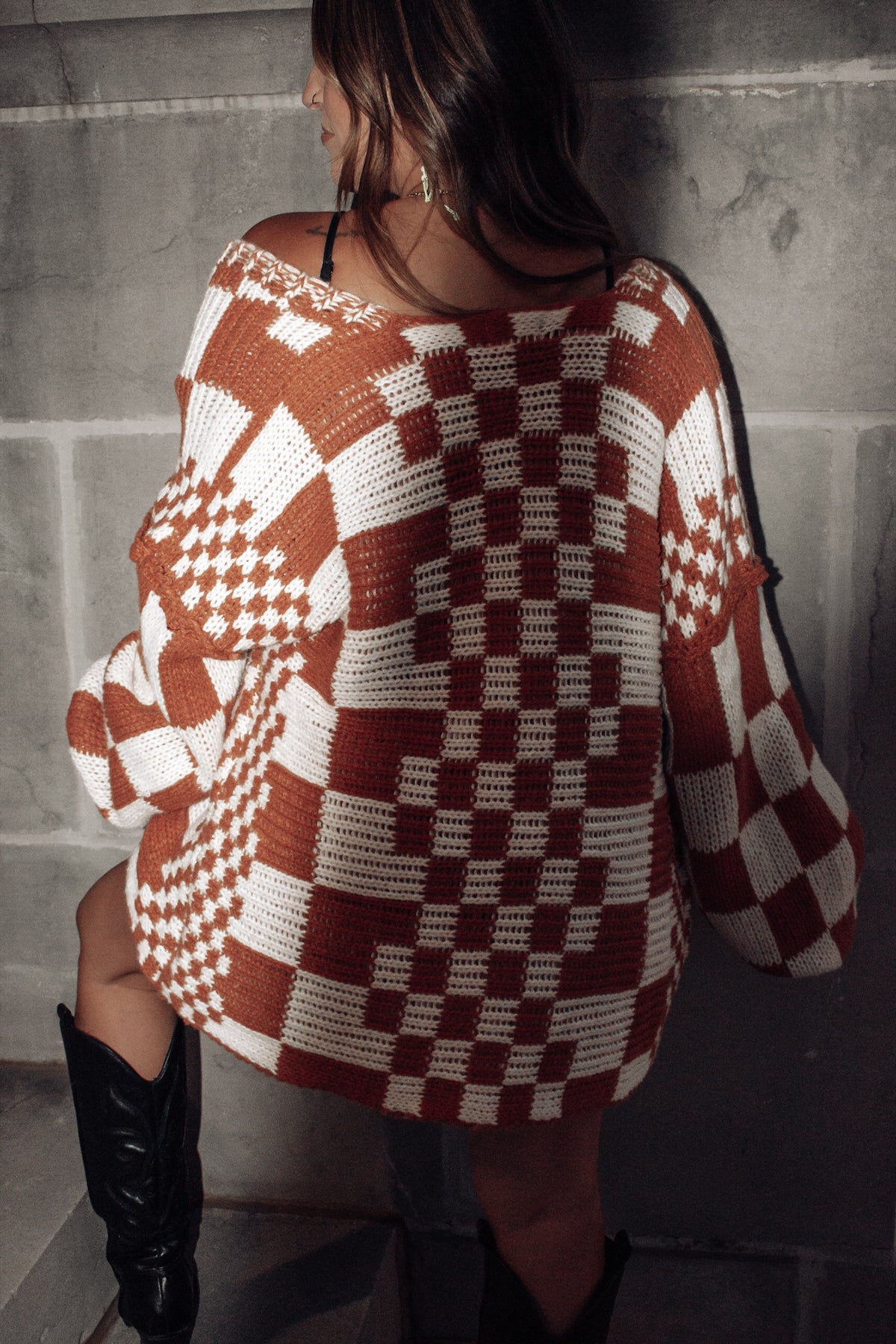 Chunky Knit Checkered Cardigan (rust)