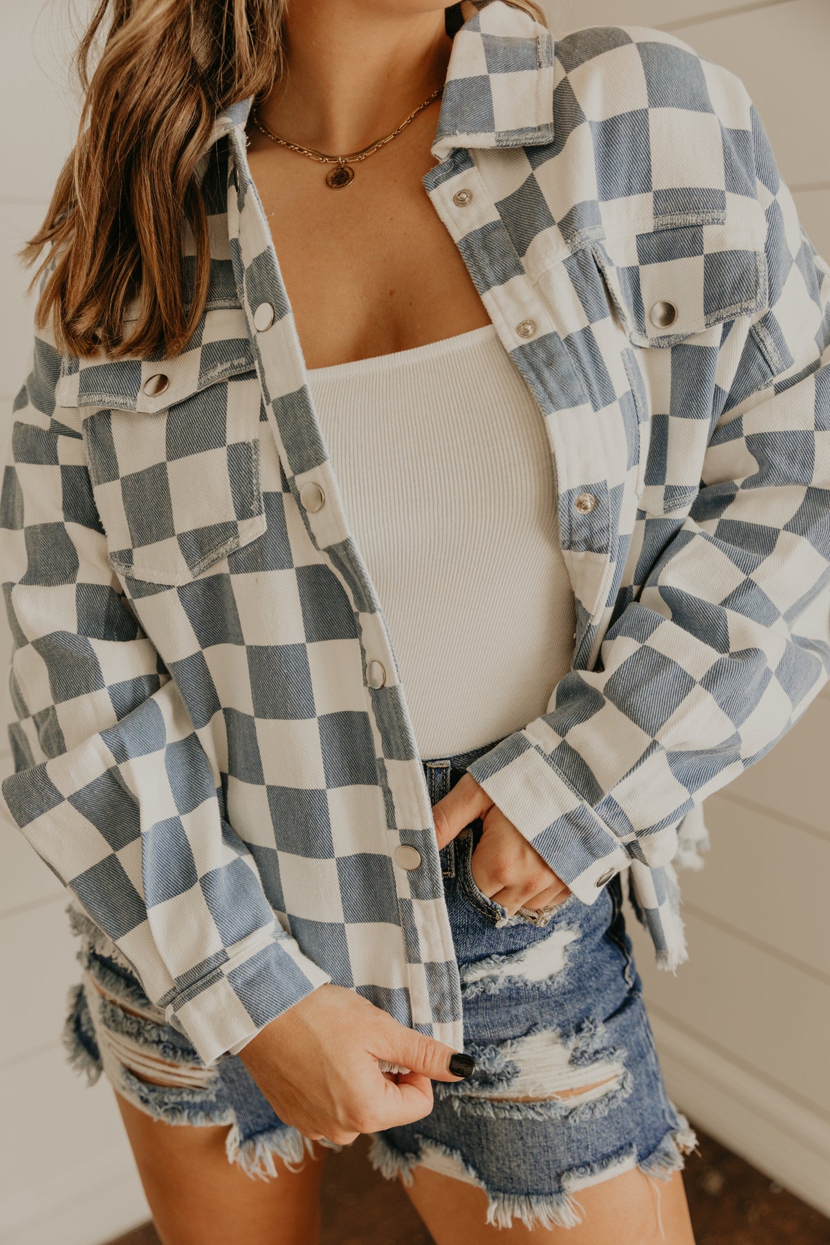 Can't Look Away Checkered Distressed Jacket