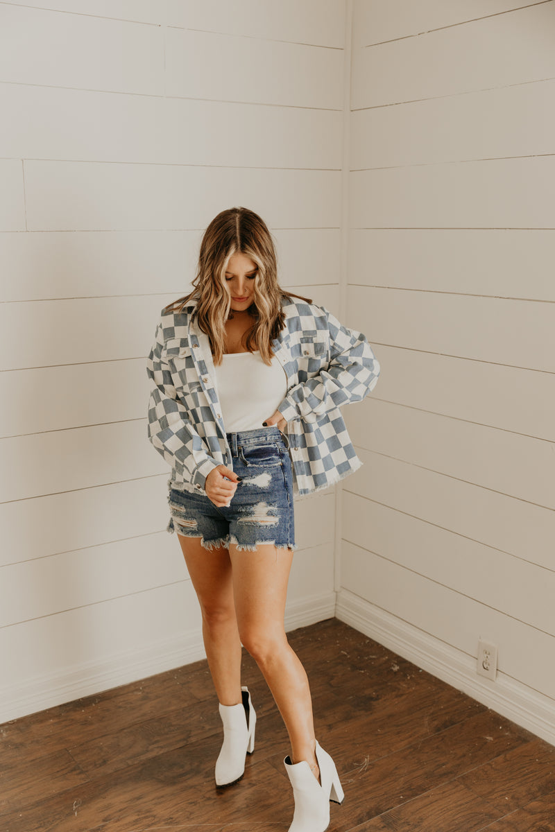Can't Look Away Checkered Distressed Jacket